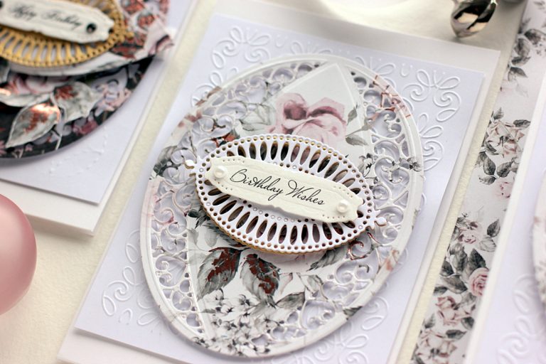Handmade Rose Cards by Elena Olinevich for Spellbinders. Using SES–012 Wedding Ring,SES–013 Flourish,S5-211 Romantic Rectangles Two dies as well as S5–330 Lunette Arched Borders and S6-129 Bella Rose Lattice Set set by Becca Feeken. #spellbinders #diecutting #cardmaking #handmadecard