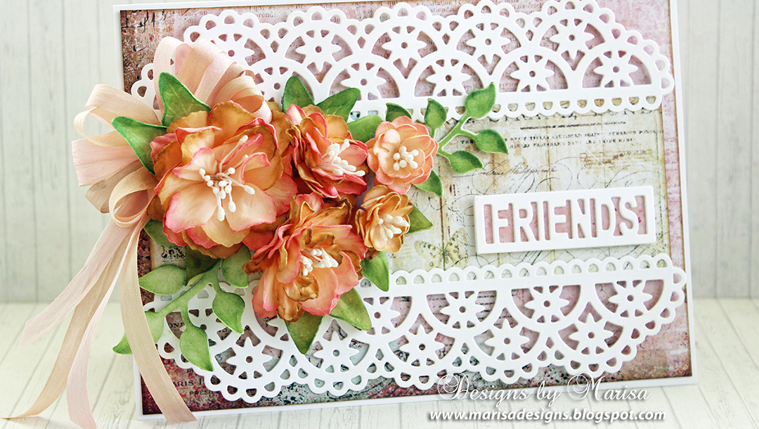 Flowers and Lace Card by Marisa Job for Spellbinders using Flower Lace Borders S4-796, Textured Flowers S5-317, Layered Leaf Vines S4-795, Friends & Family Frames S5-315 dies #spellbinders #diecutting #cardmaking