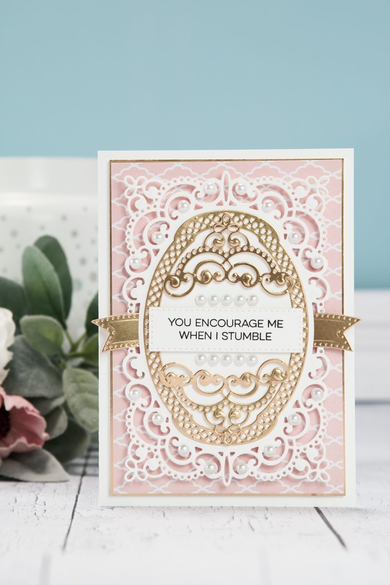 Cardmaking Inspiration | You Encourage Me When I Stumble Card by Yana Smakula for Spellbinders. Using: S4-820 Vintage Pierced Banners, S5-327 Anabelle’s Trousseau Layering Frame Medium dies