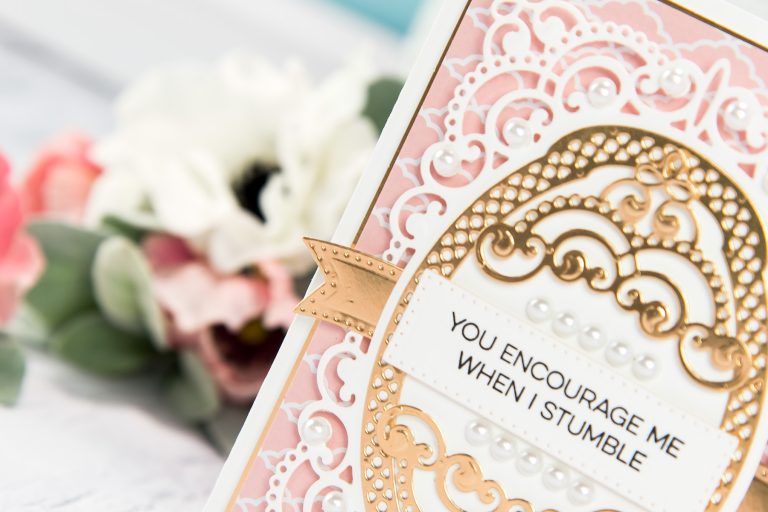 Cardmaking Inspiration | You Encourage Me When I Stumble Card by Yana Smakula for Spellbinders. Using: S4-820 Vintage Pierced Banners, S5-327 Anabelle’s Trousseau Layering Frame Medium dies