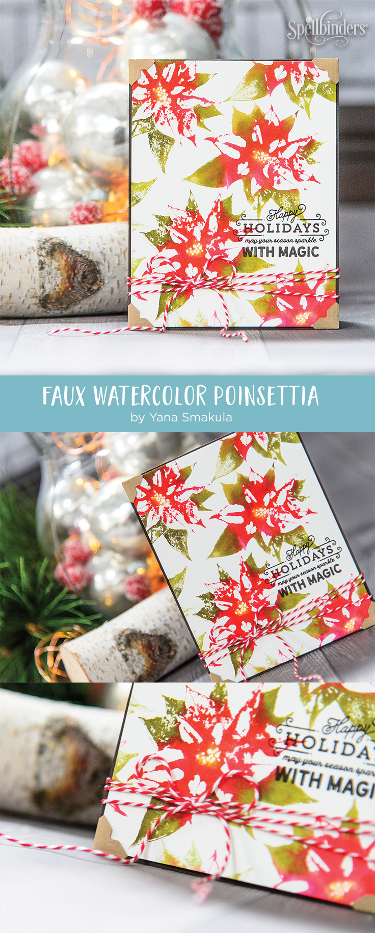 Faux Watercolor Stamping with Poinsettia Holiday 3D Shading Stamp. Video tutorial. Happy Holidays Card by Yana Smakula for Spellbinders #spellbinders #stamping #christmascard #fauxwatercolor