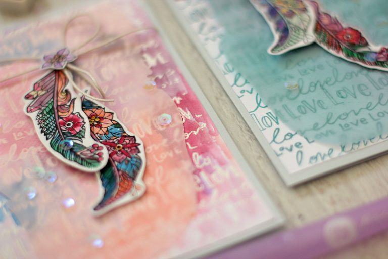 Love Cards with Elena Olinevich for Spellbinders. Using SBS–153 Nothing But Love Stamp, SDS–100 Feather Stamp & Die, S4-788 A2 Waves Borders Dies #spellbinders #cardmaking