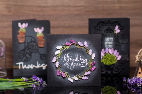 Lavender & Poppies Inspiration with Elena. Take 2: Purple and Black! Handmade cards using S2-283 Lavender Planter, S5-321 Eau De Lavende Label. #spellbinders #handmadecard #diecutting #neverstopmaking #lavendercard