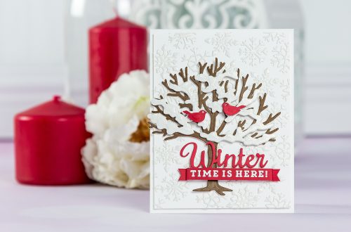 Winter Time Is Here Card by Yana Smakula for Spellbinders. Using Lene Lok Four Seasons collection. S3-308 Seasonal Words, S4-840 Four Seasons Tree, S4-844 Winter Canopy and Elements, S5-338 Wreath Elements. #spellbinders #neverstopmaking #diecutting