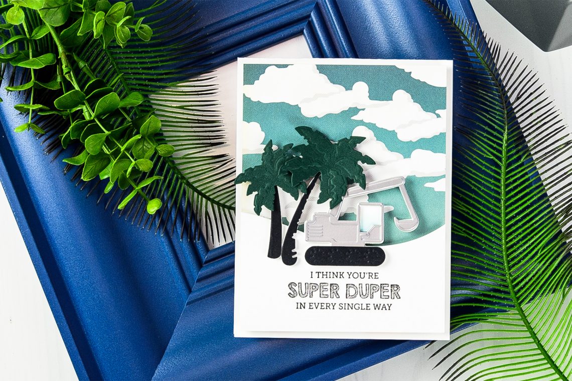Cardmaking Inspiration | You Are Super Duper Card by Yana Smakula for Spellbinders using ​S3-295​ ​ ​Tractors​ S3-249​ Palm​ ​Trees​ ​ S5-180​ ​A2​ ​Curved​ ​Borders​ ​One​ ​dies. #spellbinders #neverstopmaking #diecutting #handmadecard #tractorcard #masculinecard #punnycard