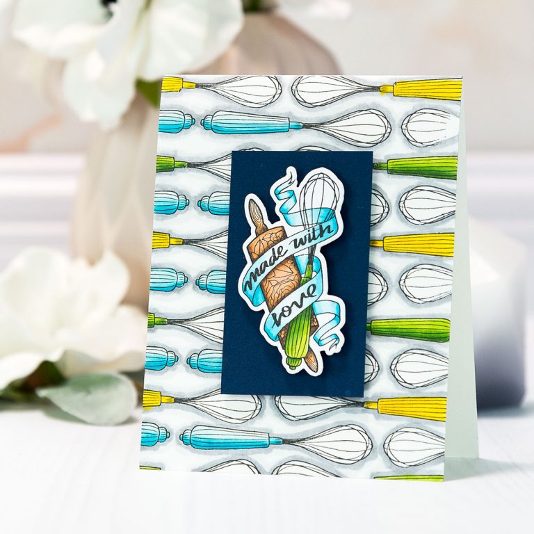 Spellbinders Handmade Collection by Stephanie Low - Inspiration | Made with Love Card with Yana Smakula for Spellbinders using Kitchen Handmade by Stephanie Low Stamp and Die Set #cardmaking #handmadecard #stamping #adultcoloring #patternstamping #spellbinders
