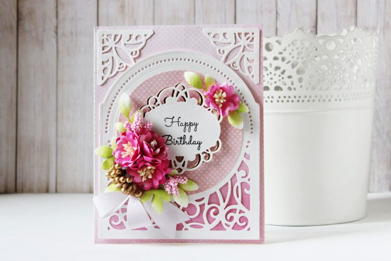 Elegant 3D Vignettes Collection by Becca Feeken - Inspiration | Happy Birthday Card with Hussena. Created using S3-314 Petite Double Bow and Flowers, S4-867 Cinch and Go Flowers III, S5-342 Tiara Rondelle, S6-136 Grand Dome 3D Card, SDS-054 Giving Occasion Stamp and Die Set #cardmaking #diecutting #handmadecard #birthdaycard #spellbinders