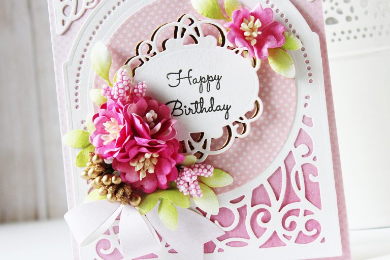 Elegant 3D Vignettes Collection by Becca Feeken - Inspiration | Happy Birthday Card with Hussena. Created using S3-314 Petite Double Bow and Flowers, S4-867 Cinch and Go Flowers III, S5-342 Tiara Rondelle, S6-136 Grand Dome 3D Card, SDS-054 Giving Occasion Stamp and Die Set #cardmaking #diecutting #handmadecard #birthdaycard #spellbinders