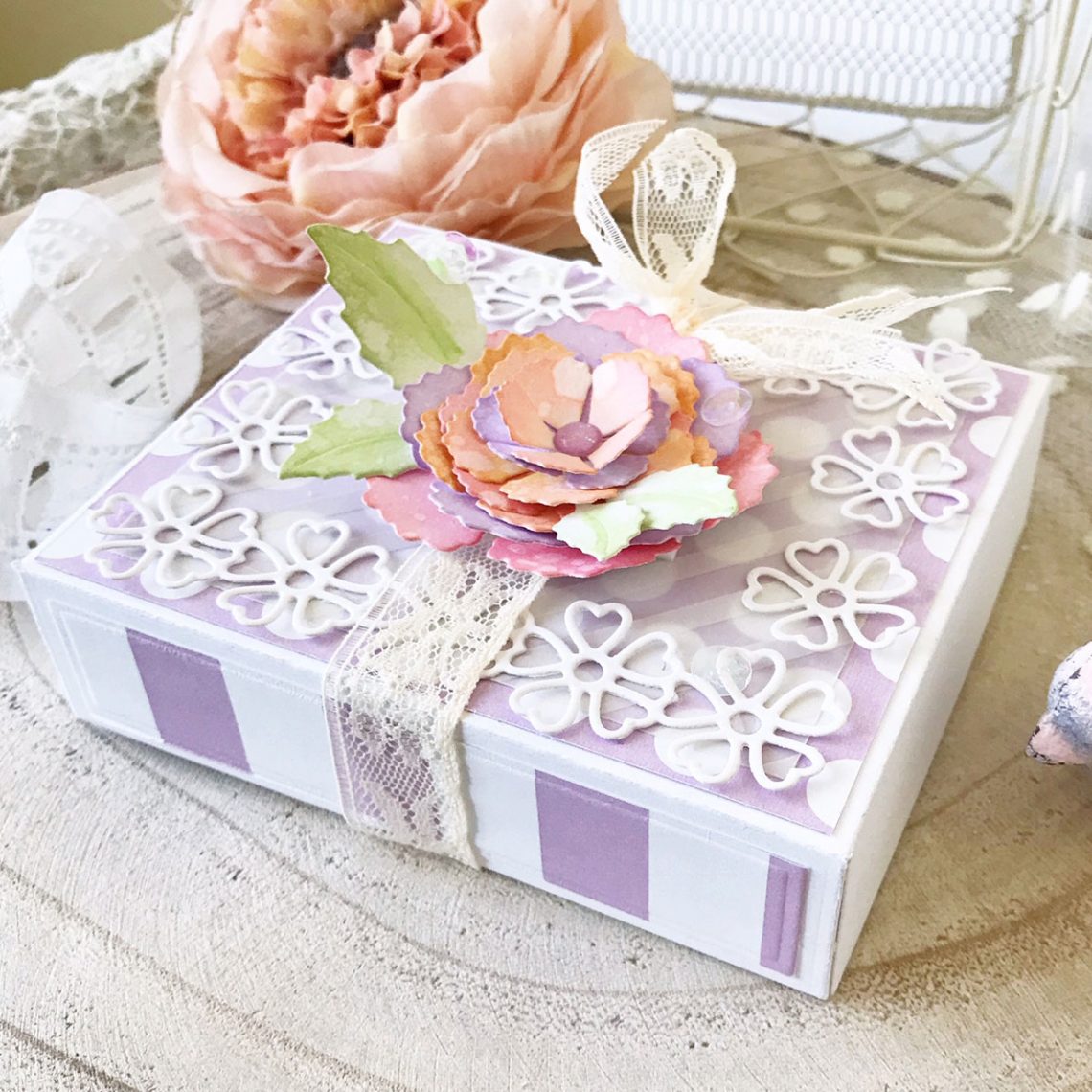 Blooming Garden Collection by Marisa Job - Inspiration | Floral Box by Melissa Phillips for Spellbinders using S4-916 Blooming Rose, S6-146 Heart Flower Box. #spellbinders #neverstopmaking #diecutting #giftbox