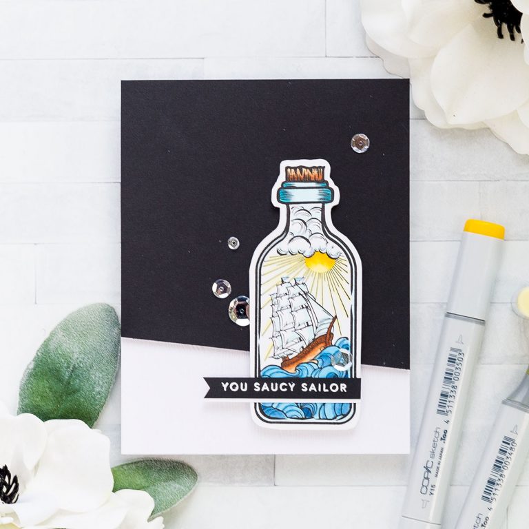 Spellbinders Inked Messages Collection Inspiration | You Saucy Sailor Card Featuring Message In A Bottle Stamp and Die Set #stephanielow #spellbinders #neverstopmaking #stamping #handmadecard