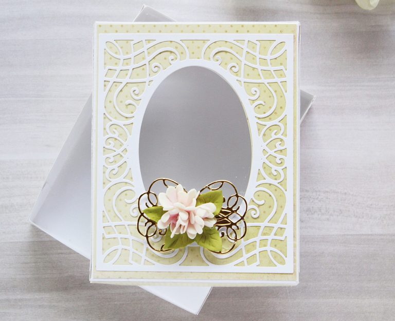 Romancing The Swirl Collection by Becca Feeken - Inspiration | Gift Box and Card with Hussena for Spellbinders using: S4-927 Trefoil Crest S4-928 Hemstitch Circle S5-363  Swirl Booklet Insert  S5-364  A2 Corner Cotillion S5- 365 Sweetheart Swirl #spellbinders #neverstopmaking #cardmaking #diecutting #handmadecard