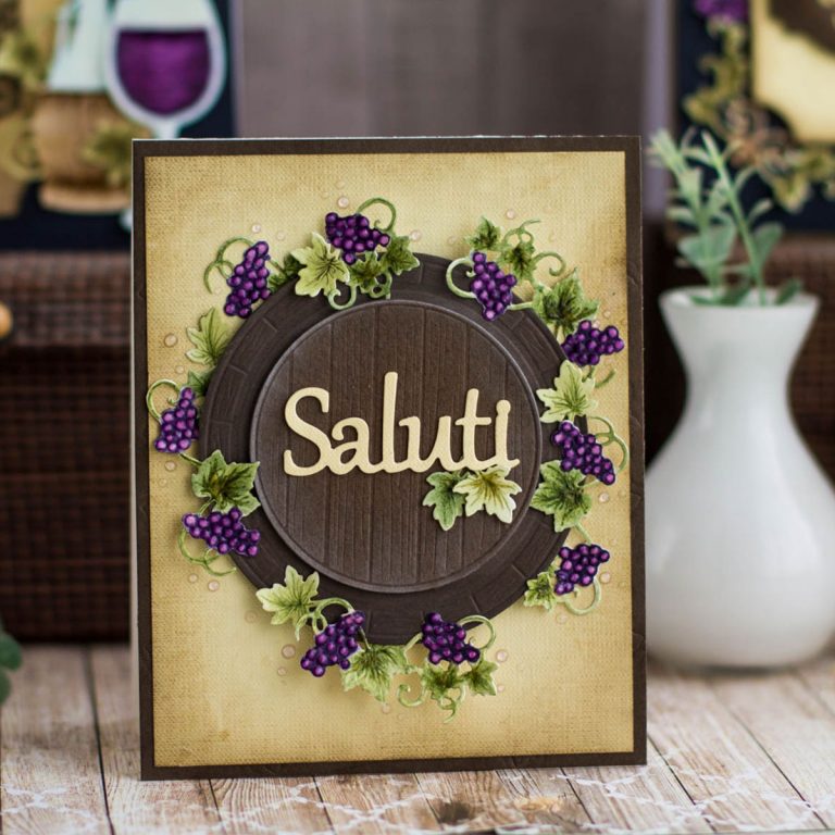 Cardmaking Inspiration | Saluti Card by Elena Salo for Spellbinders. S4-878 Frame Charms, SDS-135 Barrel of Sentiments, SDS-132 Wine Corks, SDS-134 Wine Glass Bottle Tag #spellbinders #diecutting #handmdecard #winecountry #neverstopmaking
