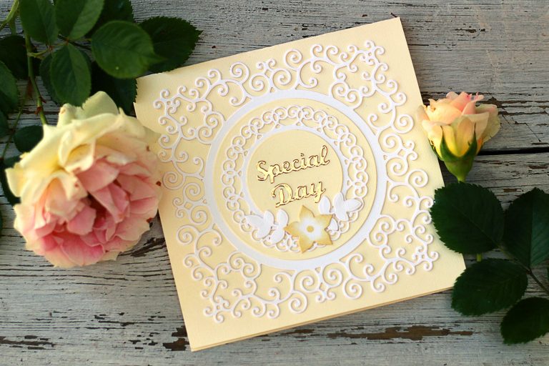 Video Friday | Pop-Up Card with Frame Dies with Olga for Spellbinders. S5-376 Miss You Swirl, S5-374 Special Day Frame, S4-942 Swirls Border, S5-338 Wreath Elements, S5-132 A-2 Matting Basics B dies. #spellbinders #marisajob #diecutting #handmadecard #neverstopmaking