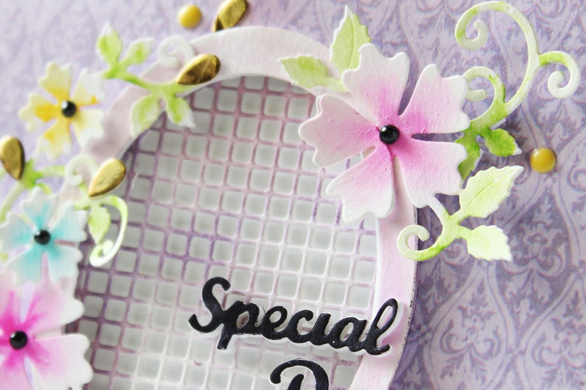 Special Moments Collection by Marisa Job - Inspiration | Special Day Card by Hussena for Spellbinders. Featuring: S5-374 Special Day Frame, S5-378 Floral Oval, S7-215 Vintage Stitched Squares dies. #spellbinders #neverstopmaking #diecutting #handmadecard