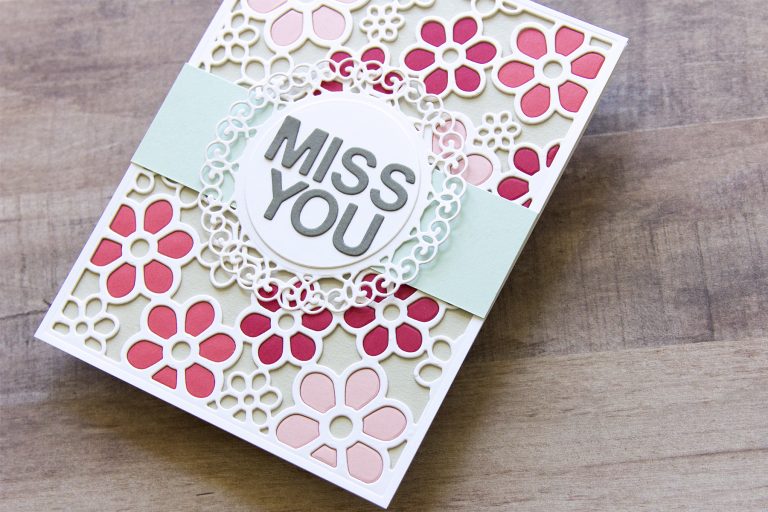 Spellbinders Special Moments Collection by Marisa Job - Inspiration | Flower Background - Inlaid Technique with Jean featuring S5 375 Flower Background, S5-376 Miss You Swirl, S5-374 Special Day Frame #spellbinders #neverstopmaking #diecutting #handmadecard