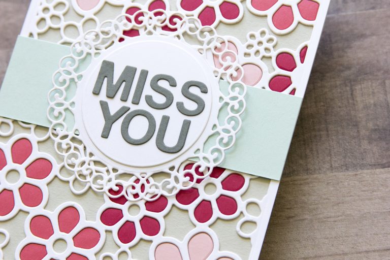 Spellbinders Special Moments Collection by Marisa Job - Inspiration | Flower Background - Inlaid Technique with Jean featuring S5 375 Flower Background, S5-376 Miss You Swirl, S5-374 Special Day Frame #spellbinders #neverstopmaking #diecutting #handmadecard
