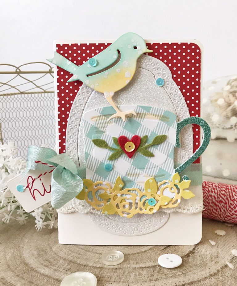 Spellbinders Cuppa Coffee, Cuppa Tea Collection by Sharyn Sowell - Inspiration | Robin & Rosy Mug Card with Melissa Phillips featuring S4-950 Robin & Rosy Mug, S2-299 Cuppa Love, S5-327 Annabelle’s Trousseau Layering Frame Medium #spellbinders #neverstopmaking #sharynsowell #diecutting