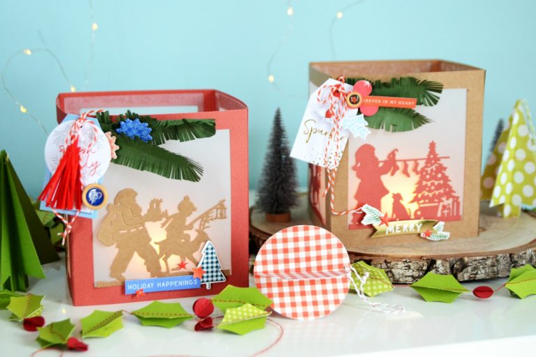 Spellbinders A Sweet Christmas Collection by Sharyn Sowell - Inspiration | Christmas Lanterns and Cards with Anna featuring S4-937 Hanging Stockings, S4-941 From Our Home To Yours, S4-936 Lighting The Way, S5-373 Santa Parade #spellbinders #neverstopmaking #diecutting #sharynsowell #christmaslantern