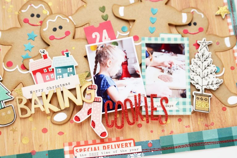 Spellbinders A Sweet Christmas Collection by Saharan Sowell - Inspiration | Baking Cookies Layout with Anna featuring S4-940 Gingerbread Boy Garland Tag #spellbinders #diecutting #neverstopmaking #sharynsowell