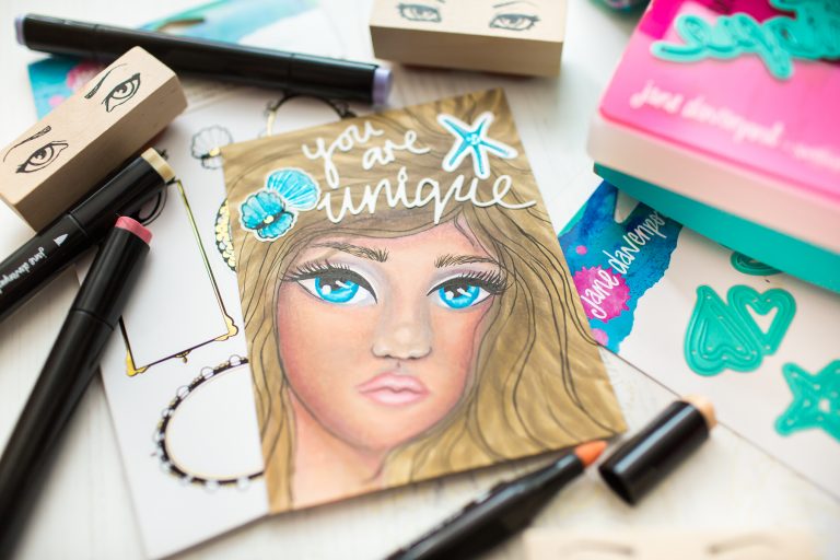 Spellbinders Jane Davenport Artomology | You are Unique Mixed Media Card with Mona Toth #janedavenport #janedavenportartomology #Artomology #spellbinders #neverstopmaking #smoothmarkers #makeitwithmichaels #washisheets 