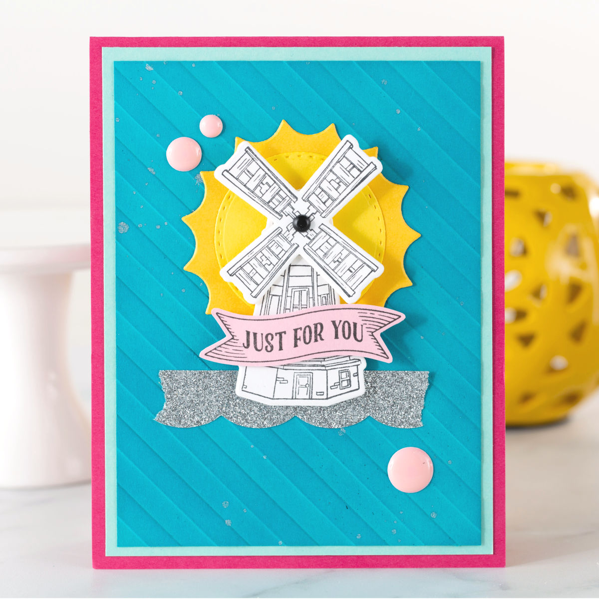 Just For You handmade card with teal, pink, and yellow featuring Fun Stampers Journey's March 2019 Stamp of the Month, Good Places. #funstampersjourney #FSJSOTM #handmadecard