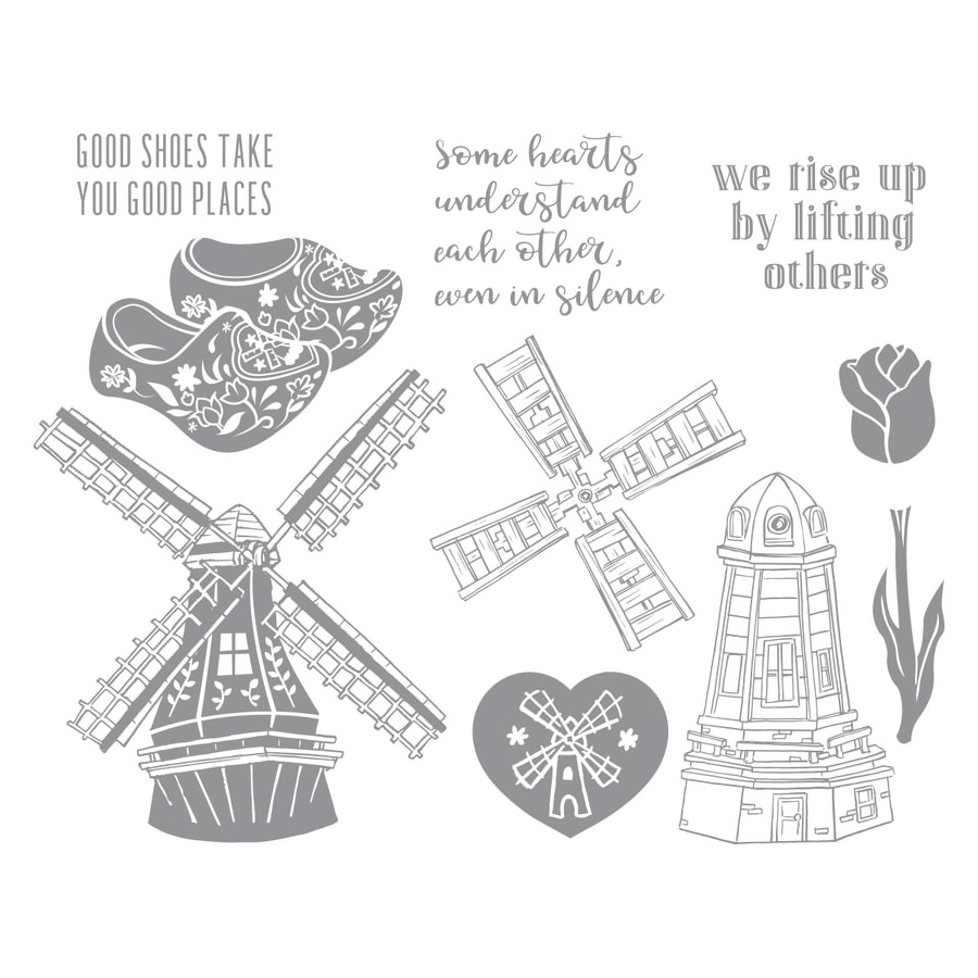 Fun Stampers Journey Stamp of the Month - March 2019, Good Places, features Dutch windmills, wooden clogs, a a tulip along with sweet encouraging sentiments.