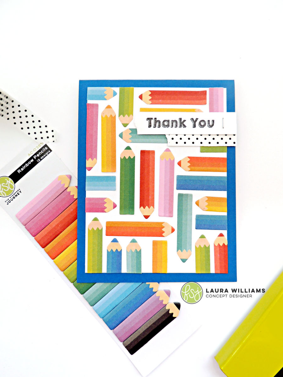 Handmade thank you card with Fun Stampers Journey stamps and Rainbow Pencils Sticky Notes. These self-adhesive pencils are perfect for flagging your calendar or planner, but they look darling on handmade cards and crafts too! #funstampersjourney #handmadecard #thankyoucard #planner