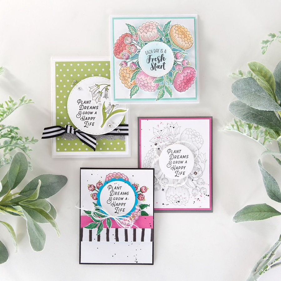 set of four handmade cards with Fun Stampers Journey Fresh Start stamp set, April 2019 Stamp of the Month Club #funstampersjourney