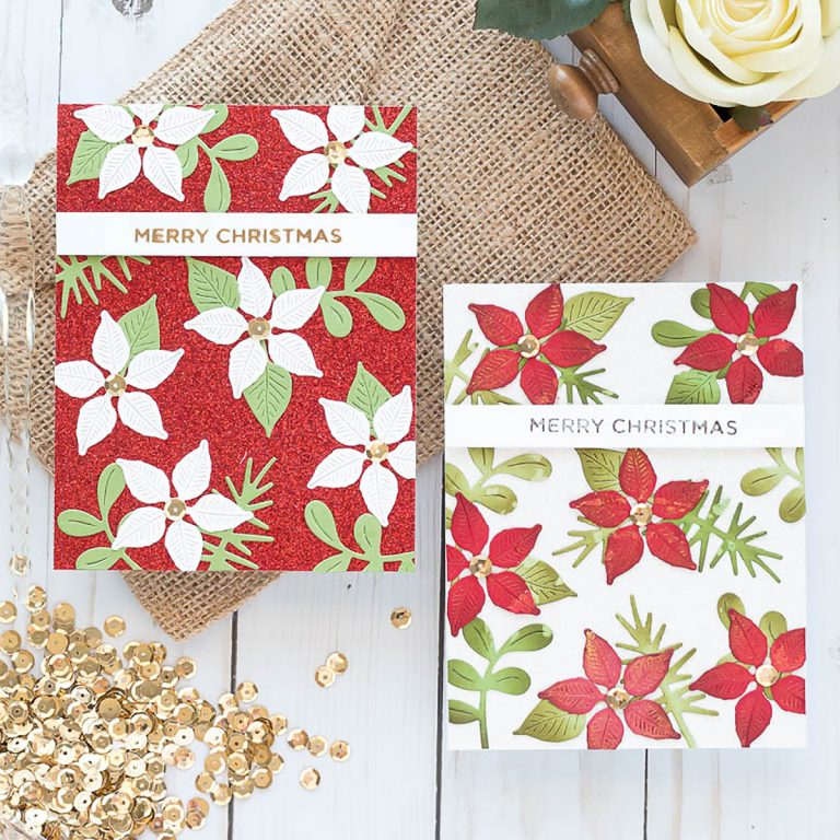 Spellbinders Holiday 2019 Inspiration | Foiled Christmas Cards with Marie. Merry Christmas & Poinsettias handmade cards featuring GLP-100 Ornament Glimmer Set and GLP-111 Holiday Sentiments Glimmer Hot Foil Plate Holiday 2019