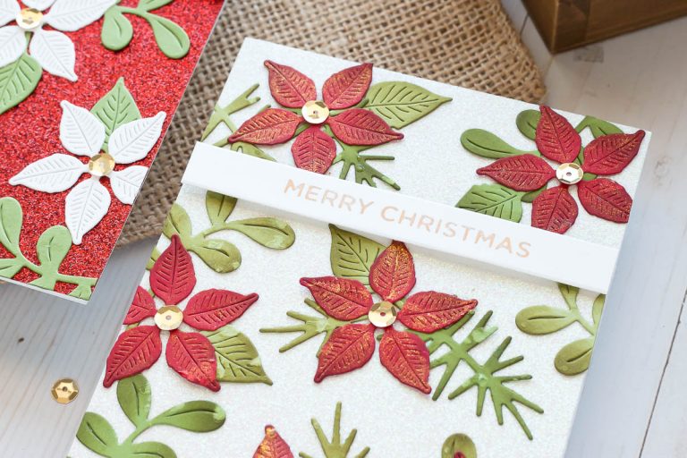 Spellbinders Holiday 2019 Inspiration | Foiled Christmas Cards with Marie. Merry Christmas & Poinsettias handmade cards featuring GLP-100 Ornament Glimmer Set and GLP-111 Holiday Sentiments Glimmer Hot Foil Plate Holiday 2019