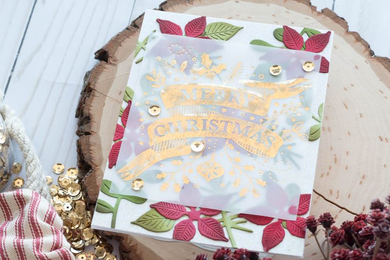 Spellbinders Holiday 2019 Inspiration | Foiled Christmas Cards with Marie. Merry Christmas handmade card featuring GLP-114 Merry Christmas Banner Glimmer Plate and GLP-100 Ornament Glimmer Set