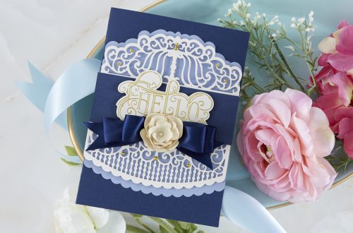 Spellbinders Cardmaking Inspiration | Hello Card Featuring Candlewick Colonnade Border with Kim Kesti #Spellbinders #NeverStopMaking #GlimmerHotFoilSystem