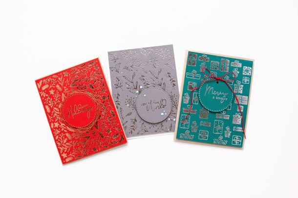 Trio Of Foiled Background Christmas Cards With Jung Ahsang featuring Spellbinders Christmas Foiled Basics collection by Yana Smakula #Spellbinders #NeverStopMaking #GlimmerHotFoilSystem #cardmaking
