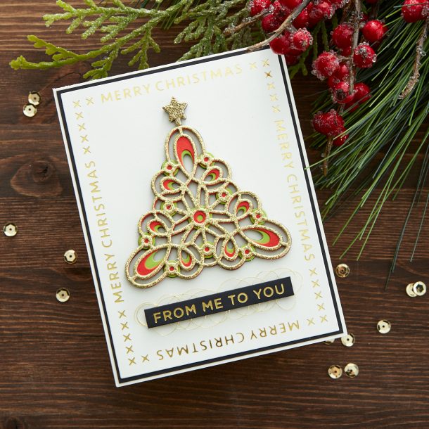 S4-1064 Kaleidoscope Christmas Tree: Although we don’t like to pick a favorite, this may be close to the top of our list from this year’s collection. Die cut the 3 layers and adhere together for a brilliant layered effect…don’t forget the star topper that is included! What’s New | Spellbinders Sparkling Christmas Collection #Spellbinders #NeverStopMaking #DieCutting #Cardmaking #GlimmerHotFoilSystem #Christmas