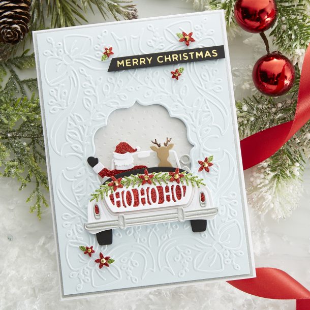 S3-401 Sunday Drive with Santa: We’ve invited Santa and one of his reindeer for a Sunday drive! Used with the Sunday Drive base die set (S4-1053), Santa and friend will be decked out for the holiday. What’s New | Spellbinders Sparkling Christmas Collection #Spellbinders #NeverStopMaking #DieCutting #Cardmaking #Christmas