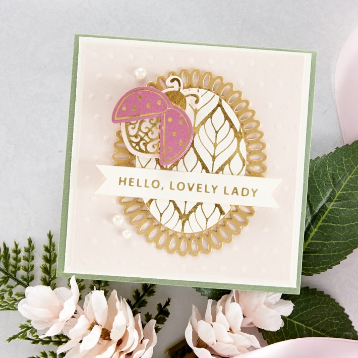Spellbinders Becca Feeken Sweet Cardlets Glimmer Project Kit - Hello Lovely Lady Card #Spellbinders #NeverStopMaking #DieCutting #Cardmaking #GlimmerHotFoilSystem
